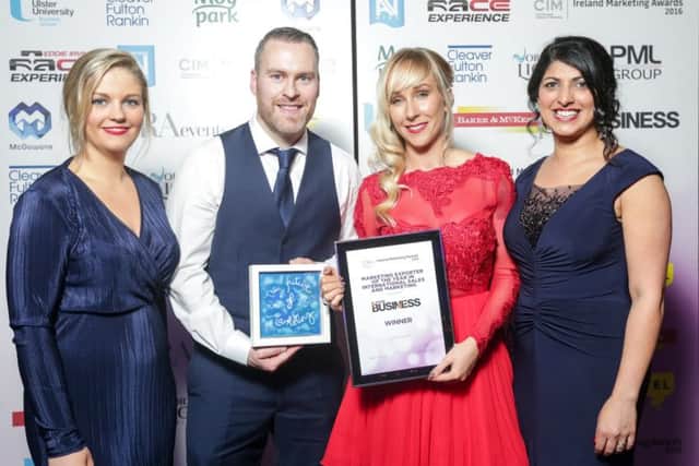 The winner of the Marketing Exporter of the Year, sponsored by Ulster Business Magazine, in the annual CIM Ireland Marketing Awards was Linwoods.  Pictured are Louise McManus, David Lawlor and Sarah Shimmons with Sonia Armstrong from category sponsor Ulster Business Magazine