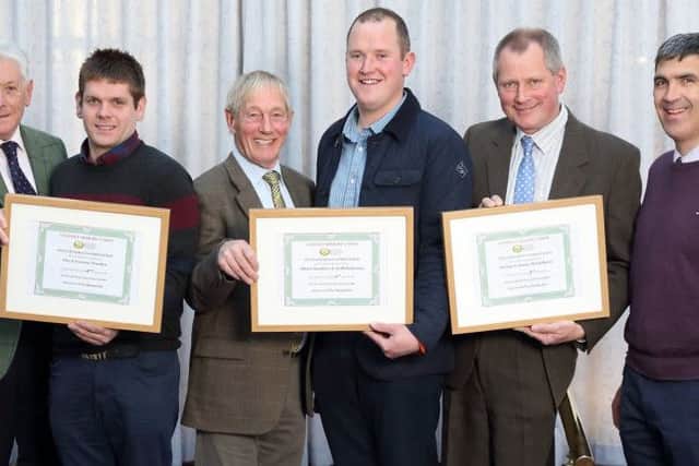 Winter Barley: L to R is Victor Chestnutt (UFU Deputy President) Alec and Graeme Warden (2nd Place) Allan Chambers and Neill Patterson (1st Place) James McClelland (3rd Place) and Frank McGauran (Syngenta Sponsor)