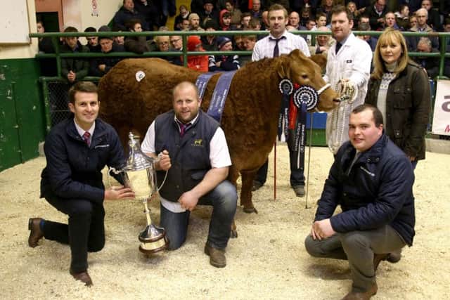 Supreme Champion 2016 at Allams went to JCB Commercial Partnership Gareth Corrie, Jonathon Neill and Charlie Beverland. Also included are William Thompson, Head of Agriculture Bank Of Ireland, and Richard Primrose, Agri Advisor Bank of Ireland. Looking on is DEFRA Minister Michelle McIlveen. PICTURE: STEVEN MCAULEY/MCAULEY MULTIMEDIA