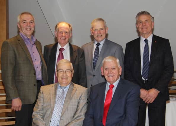 NIPA president William King MBE is pictured with Killead Ploughing Society office bearers at its Centenary dinner in Templepatrick, Norman Erwin, presdient; Gerald Erwin, vice chairman; Samuel Pinkerton, chairman; David Wallace, treasurer; and Andrew Hyde, secretary. Picture: Julie Hazelton