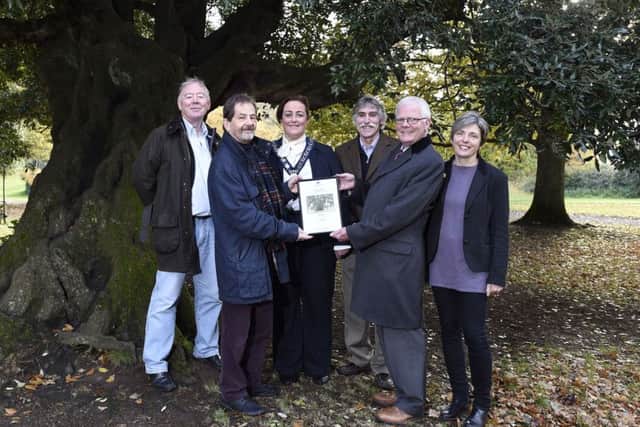 Alistair Livingstone of LIGHT 2000 (front left) with Patrick Cregg of the Woodland Trust.  The team (back left to right) Paul Clerkin, William Graham, and Csilla Toldy are joined by Councillor Gillian Fitzpatrick, Chair of Newry, Mourne and Down District Council
