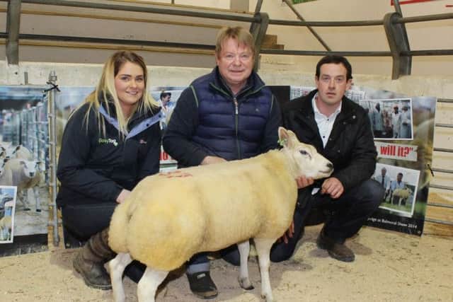 Kevin McCarthy (centre) with his class-winning ewe lamb, Lot 37. Also included are judge, Dermot Goss and Lorraine Kirk from sponsors, Easy Tag