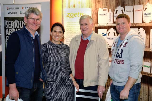 Aurelie Moralis, Zoetis with Tom Taylor, Ballyclare and Tommy and Sam Newell, Kilkeel on the Zoetis stand at the Winter Fair. Photograph: Columba O'Hare