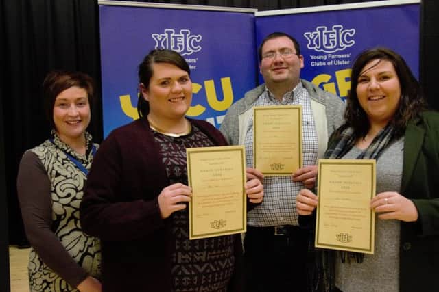 Pictured is the winning 25-30 category group debating team, Alison Rea, Stuart Rea, Jane Kilpatrick with Roberta Simmons, YFCU President.