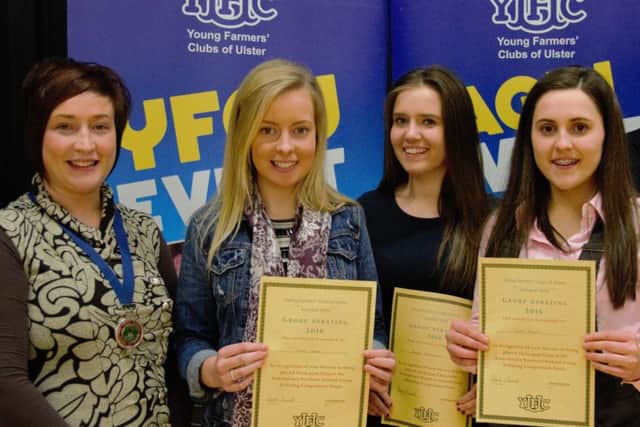 Pictured is the winning 16-18 category group debating team, Katie Lemon, Hanna Miskimmin and Laura Stewart pictured with Roberta Simmons, YFCU President.