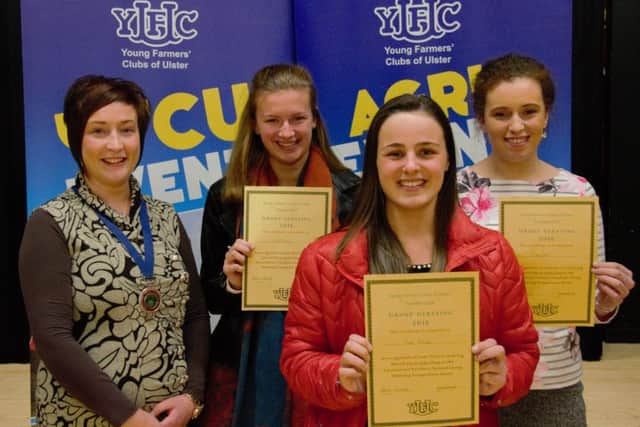 Pictured is the winning 18-21 category group debating team, Amy King, Ruth McClay and Cathy Reid pictured with Roberta Simmons, YFCU President.
