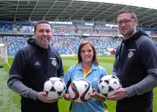 Keith Gibson, IFA Football For All development manager, is pictured with YFCU events manager Kerry McGarvey and Kris Lindsay, IFA recruitment and retention officer