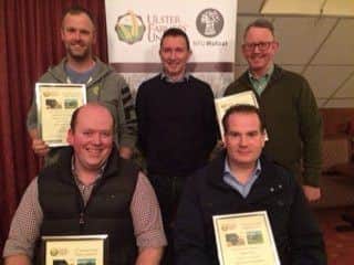 South Tyrone UFU Silage Winners.  Sitting, David Simpson 1st Dairy, Stephen Hayes 1st Beef , Standing  Gary Liggett, 2nd Dairy, Terence Fox, Group Chairman and William McIlroy 2nd Beef