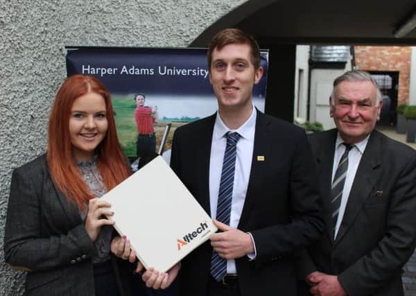 Left to right: Erinn Ramsay receives her bursary from Alltech's Richard Dudgeon. Adding his congratulations is Harper's Basil Bayne