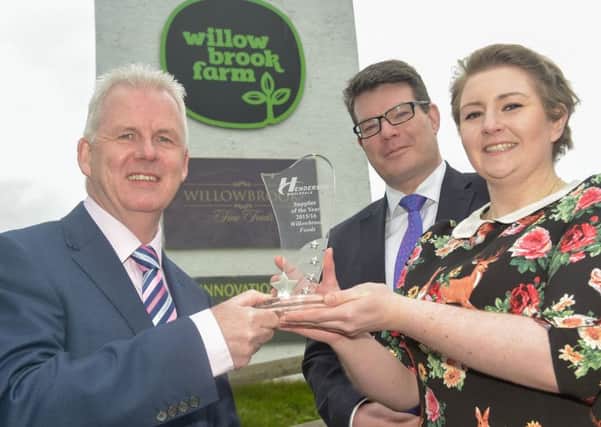 Launching the 2017 Local Supplier Awards is Paddy Doody, sales and marketing director, Henderson Group; Neal Kelly, Henderson Fresh Food director, and Lyndsey-Anne Coulter from Willowbrook Foods who were the overall winners at last year's awards