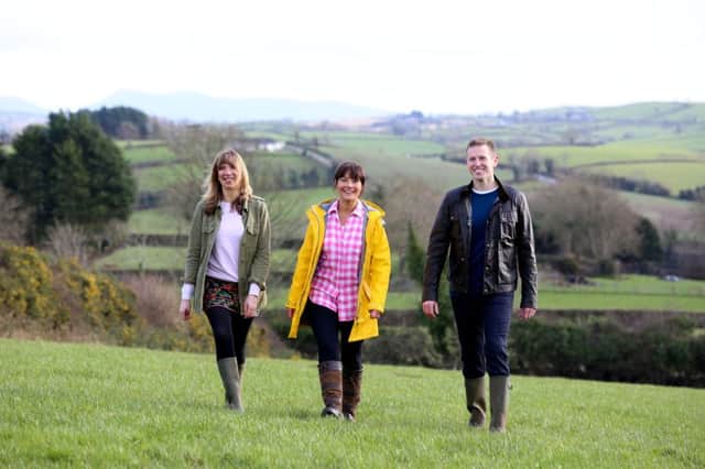 Enjoying some time out in the County Down countryside are BBC Northern Irelands Home Ground presenters, from left, reporter Ruth Sanderson, with Jo Scott and Gavin Andrews.
The rural affairs series returns to BBC One Northern Ireland on Monday 20 March at 7.30pmPicture by Darren Kidd / Press Eye.