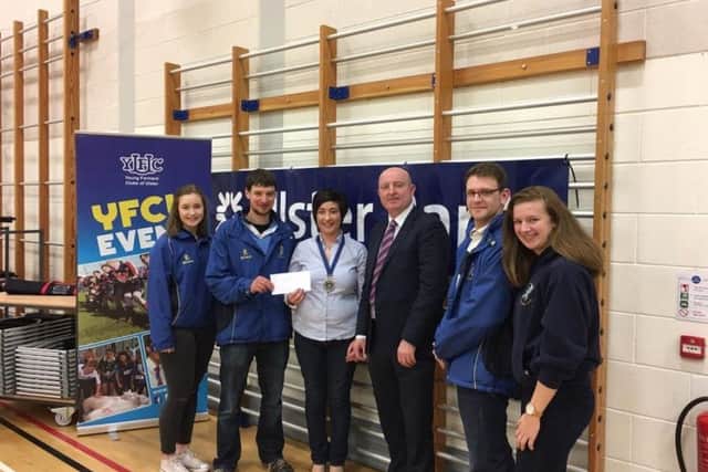 The Glarryford YFC team who were awarded 2nd place at the NI Quiz, Ben King, Cathy Reid, Mark McAuley and Lydia Simpson pictured with Martin Convery, Business Development Manager, Ulster Bank and Roberta Simmons, YFCU President and quiz master for the evening