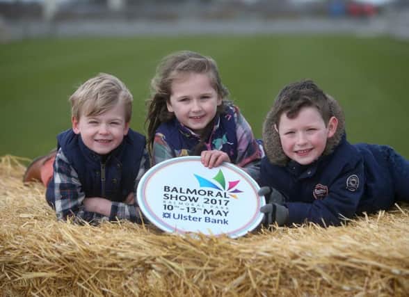 Jeremey Winter (5) Lori Winter (7) and Harvey Armstrong (6)  at the launch of the 149th Balmoral Show held at Eikon Exhibition Centre on Wednesday.  This marks seven weeks until the Show which runs from 10th-13th May 2017. Pic Steven McAuley/McAuley Multimedia