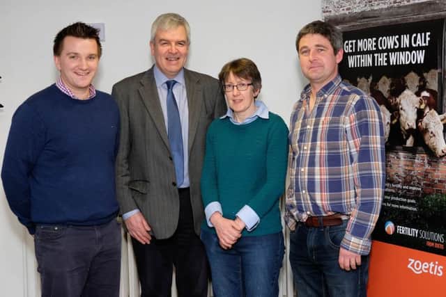 Pictured at the Zoetis vets meeting in Hillsborough were from left: David Anderson, AgriSearch; Patrick MacFarlane, Zoetis; Maria Morris, Strule Vets and Cathal Grant, Newry Veterinary Centre. Photograph: Columba O'Hare