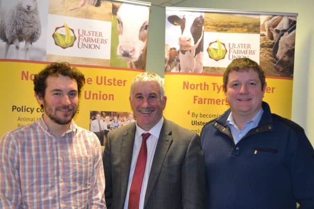 David Thompson, Bready outgoing chairman and  Victor Chestnutt Deputy President UFU and Newly elected North Tyrone chairman David McElrea