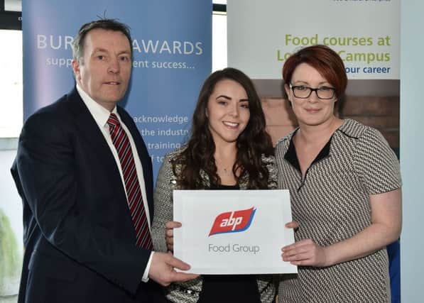 Pictured presenting her prize George Mullan ABP NI Managing Director, with Sarah Jane Houston Bursary Winner and Dawn Speers, Technical Manager, ABP.
