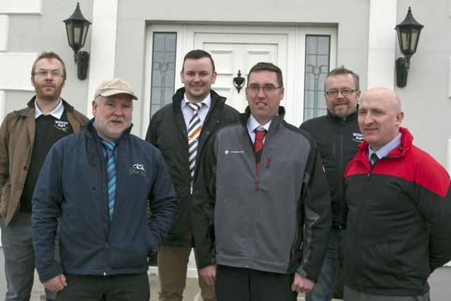 Trade representatives supporting Holstein NI's Open Day include Andrew and Gareth Wilson, Wilson Agriculture; Dermot McCambridge, John Laverty and Son; John O'Boyle and Andrew McAllister, Wilsons of Rathkenny; Declan Casey, GEA.