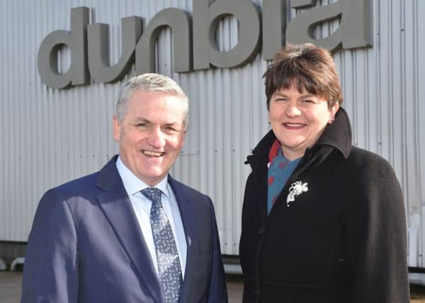 Arlene Foster pictured with Jim Dobson, Managing Director of Dunbia Group during a recent job announcement. Photo by Simon Graham/Harrison Photography