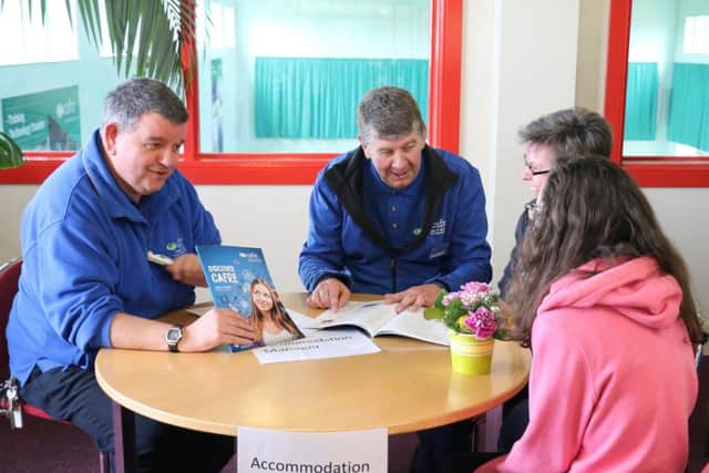 Prospective Greenmount Campus student Leia Williamson and her mum from Banbridge, Co Down get genned up on details about accommodation from the Greenmount Campus accommodation manager Barry Kelly at the Campus's Spring Open Day. Also included is the CAFRE recruitment manager Kenneth Johnston.