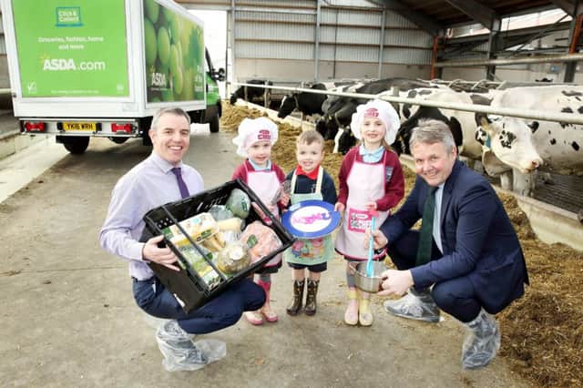 Pictured launching the Schools Competition is Joe McDonald, Asda NI Senior Manager, Corporate Affairs, Barclay Bell, UFU President along with Isla, Jaxson and Alicia Alexander.
Picture: Cliff Donaldson