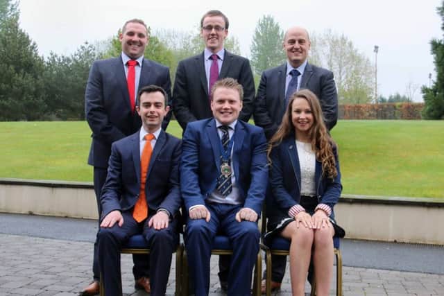 The YFCU presidential team for 2017/2018. Pictured, left to right back row, are YFCU vice presidents Peter Alexander (Glarryford YFC), William Beattie (Finvoy YFC), David Oliver (Dungiven YFC) and Harry Crosby (Spa YFC). YFCU president James Speers (Collone YFC) and deputy president Zita Blair (Moneymore YFC)