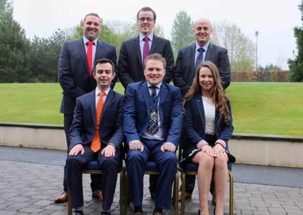 The YFCU presidential team for 2017/2018. Pictured, left to right back row, are YFCU vice presidents Peter Alexander (Glarryford YFC), William Beattie (Finvoy YFC), David Oliver (Dungiven YFC) and Harry Crosby (Spa YFC). YFCU president James Speers (Collone YFC) and deputy president Zita Blair (Moneymore YFC)