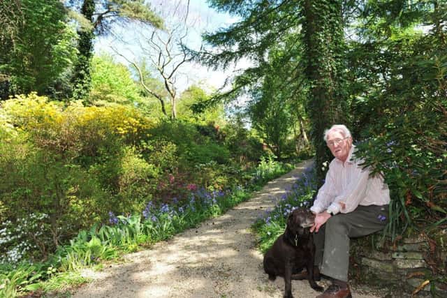 Uel Henderson and his dog Josie sits in the beautiful garden which will be opened to the public this weekend