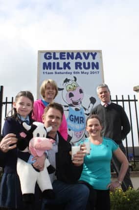 Randal McAllister, dairy farmer and parent, Connie McAllister, Primary 4, Olwyn McCambridge and Marieanne Forester, Heath & Wellbeing Team and Danny Mulholland, school principal.
