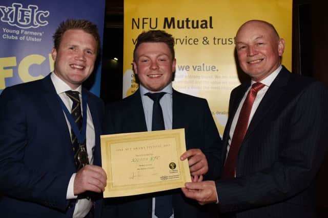 Left to right are: YFCU president James Speers, Adam Alexander from Kilrea YFC who was awarded best moment of theatre from the One Act Drama Festival and one act adjudicator Paul Bennington