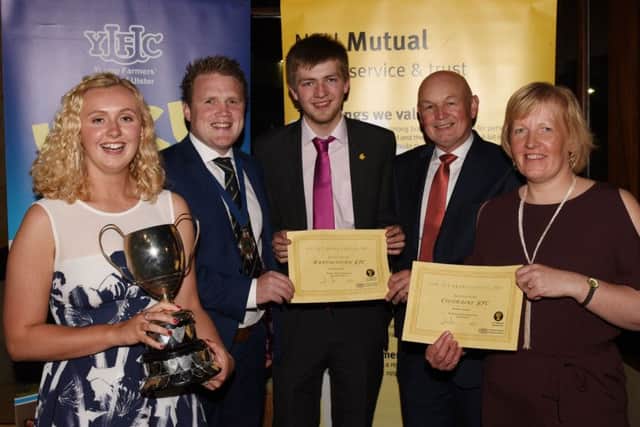YFCU president James Speers and one act adjudicator Paul Bennington is pictured with one act first place winners Newtownards YFC, second place winners Randalstown YFC and third place winners Coleraine YFC at the YFCU drama dinner
