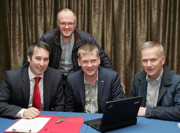 David Kenny (left) of Teagasc Research Centre in Grange, and guest speaker at Fermanagh Grassland Club's open meeting,  with (from left) William Johnston, secretary; Trevor Dunn, Chairman and Philip Clarke, treasurer.