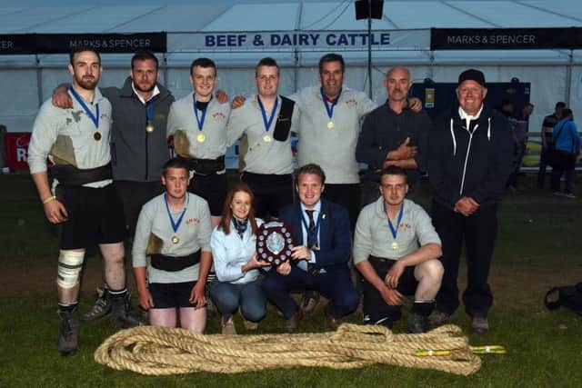 Tug of war novice winners: The winners of the 2017 novice tug of war competition, BMWR YFC are pictured with Denise Rafferty from sponsor John Thompson and Sons Ltd and YFCU president James Speers