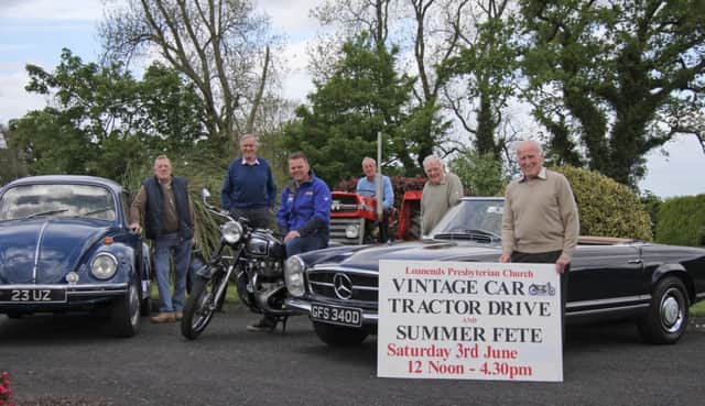 All set for the vintage tractor, classic car and motorcycle road run at Loanends Presbyterian Church on Saturday 3rd June, are organisers Harper George, Jim White and Robert Wallace, with sponsors Norman White representing GK White Electrical Services; John Gray, Gray Agricultural Contracts, and used car dealer Ormonde Nesbitt. Picture: Julie Hazelton
