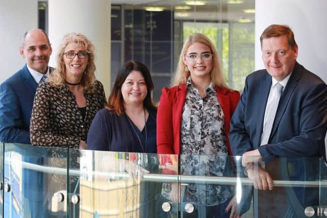 Heather Smyth (2nd left) from Martys Baps, Lurgan and Lucy Smyth (2nd right) from Mr Bens, Lurgan are pictured at the launch of Harvesting Tomorrows Skills, a new collaborative  programme which aims to address the skills shortage across the food & drink sector. With Heather and Lucy are (from l-r): Harry Hamilton, Project Facilitator, NIFDA, Joanne McMullan, Invest NI, and Michael Bell, NIFDA.