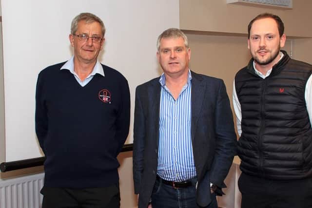 Chairman of Strangford Down Ian Martin welcomes guest speakers Colin MacGregor of the British wool marketing Board and Keith Williamson of Linden Foods.