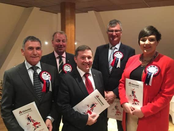 UUP Leader Robin Swann at the manifesto launch with some of his Westminster candidates Harold McKee, Danny Kinahan, Tom Elliott and Alicia Clarke