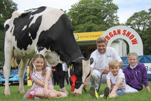 The Haffey family from Portadown, Simon, Isla, Lily and Jude, with their prize winning Holstein cow at Lurgan Show. Picture: Julie Hazelton