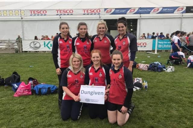 Dungiven YFC tug of war team at Balmoral Show. Back row left to right, Elizabeth Calvin,  Lauren McFarlane, Alexandra Deans and Katie Love. Front row, left to right: Laura Fulton, Jayne Calvin and Zara Fulton