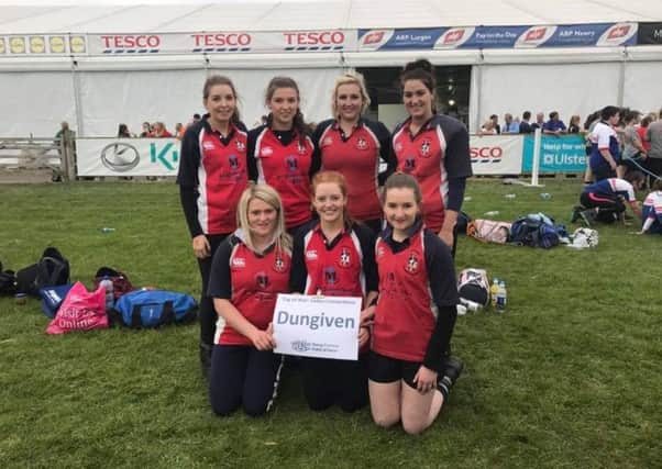 Dungiven YFC tug of war team at Balmoral Show. Back row left to right, Elizabeth Calvin,  Lauren McFarlane, Alexandra Deans and Katie Love. Front row, left to right: Laura Fulton, Jayne Calvin and Zara Fulton