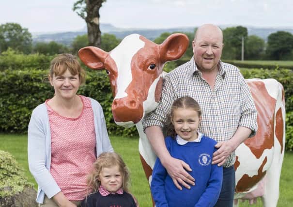 Victor and Margaret Turtle of Drumrammer Farm, Ahoghill are opening their dairy farm for the first time with Bank of Ireland Open Farm Weekend. They are pictured with their daughter Megan (9), and Rose Crawford (4).