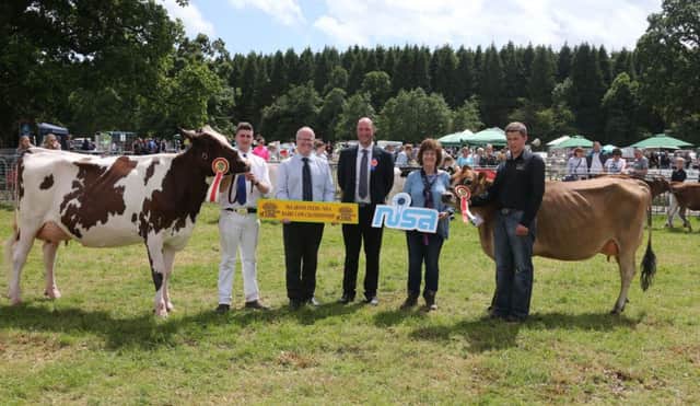 Derrymore Snowman Jolly Red VG88, from the McCorry familys herd at Aghalee, was the second qualifier at Armagh Show.  Lyndon Fleming, Seaforde, with Potterswalls Valentino Starlight 2 VG88, the first Armagh qualifier for the 2017 McLarnon Feeds/NISA Dairy Cow Championship.   Congratulating  the qualifiers on their success are Ronald Annett (McLarnon Feeds), Jonny Lochhead (judge) and Fiona Patterson (NISA).