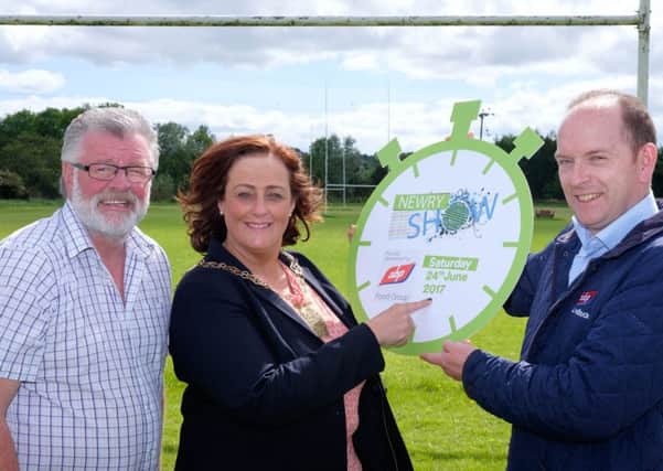 Reminding everyone that the countdown is on for Newry Show 2017!  - The show takes place on Saturday 24 June at Newry Rugby Club. Included are: Brian Lockhart, Secretary, Newry Show; Cllr Gillian Fitzpatrick, Chairperson, Newry, Mourne and Down District Council and Roger Sheahan, General Manager, ABP Newry.  Photograph: Columba O'Hare