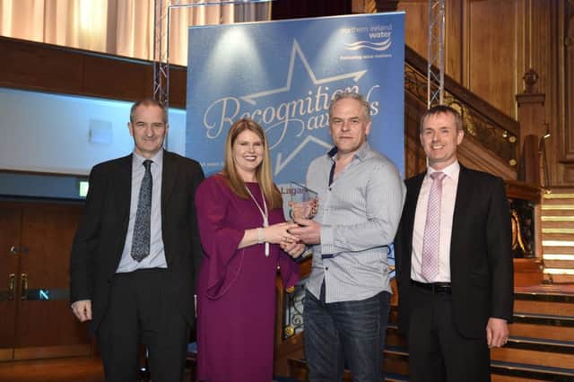 NI Water recently held a staff recognition event for colleagues to mark a decade of delivery for the company at the Titanic Centre Belfast. William Love from Magherafelt  won the Careful Now! Award for Dedication to the Cause 'Zero Harm. L- R: David Small, NIEA, Sara Venning, CEO NI Water, William Love, Rodney Moates.
