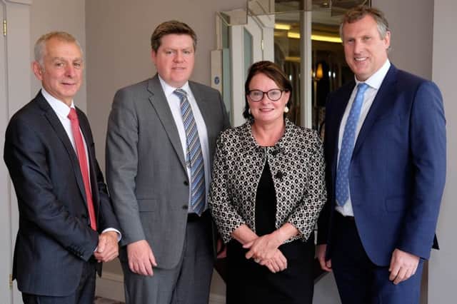 Robin Irvine, NIGTA Chief Executive; Michael McAree, NIGTA Vice President and Keith Agnew, NIGTA President with Colette FitzGerald, head of EU Office in Belfast, guest speaker at the NI Grain Trade Association quarterly meeting. Photograph: Columba O'Hare