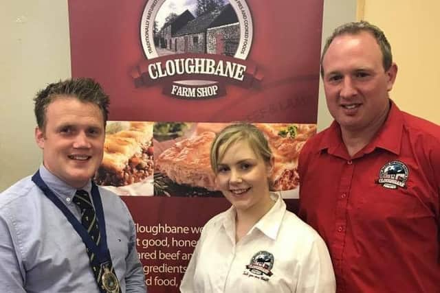 YFCU president James Speers is pictured with Amy Moore and Robert Robinson from Cloughbane Farm Shop who provided an informative talk about their award winning business at the YFCU home management finals 2017