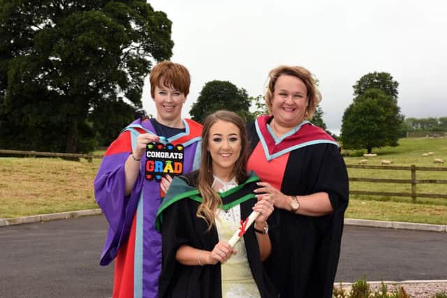 Rebecca Rogers (Belfast), First Class Honours Degree Food Management and Marketing graduate and President of the Students Representative Council was congratulated on her outstanding success by Dr Gillian Stevenson and Mrs Roisin Talbot at the Loughry Campus Awards Day Ceremony.