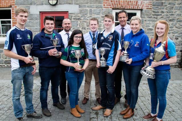 Winners from the YFCU sheep stock judging finals (left to right) 1st (16-18) Lewis Rodgers, Spa YFC, 1st (25-30) Stuart Cromie, Annaclone and Magherally YFC, Connor McNeill from sponsor Ulster Bank, 1st (12-14) Hannah Martin, Annaclone and Magherally YFC, YFCU president James Speers, 1st (14-16) Lewis Gregg, Garvagh YFC, Cormac McKervey from sponsor Ulster Bank, 1st (18-21) Louise Conn, Dungiven YFC and 1st (21-25) Joanne Smyth, Coleraine YFC