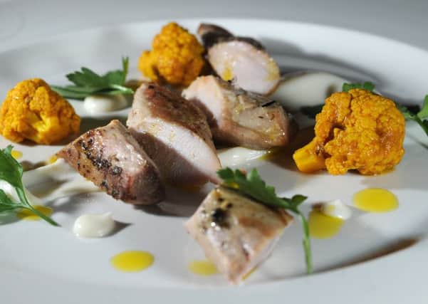 25th January 2012
Cliffemount Hotel, Runswick Bay, Ad-feature.
Pictured Loin of local rabbit with cauliflower poree and picklelilly cauliflower.
Picture by Gerard Binks.