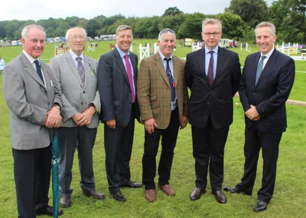 UK agriculture minister Michael Gove MP (second right) attended last Saturday's Antrim Show. He was welcomed to the event by: l to r James Clements, Antrim Show Society President; Fred Duncan, Antrim Show Society Chairman, Paul Girvan, MP for South Antrim; Victor Chesnutt, Deputy President, Ulster Farmers' Union and Ian Paisley, MP for Mid Antrim.
