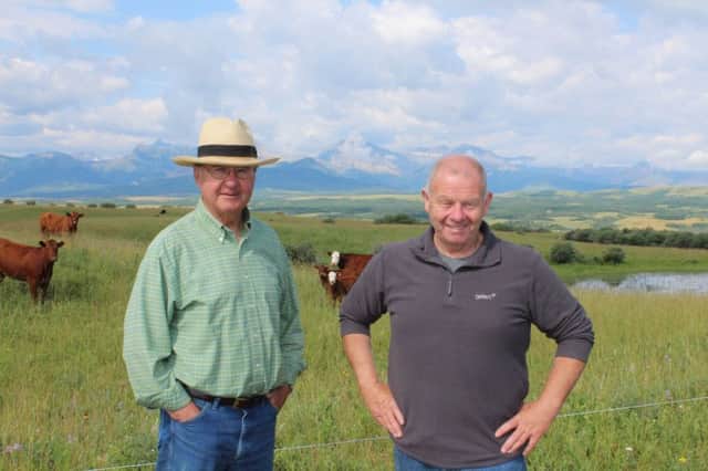 Frank Foster (right) a director of Meadow Farm Quality Farm Foods, called in with Albertan rancher Scott Palmer (left), during his recent visit to Canada.